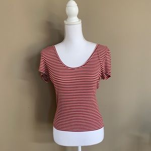 Red & White Striped Scoop Neck Ribbed Top Size M